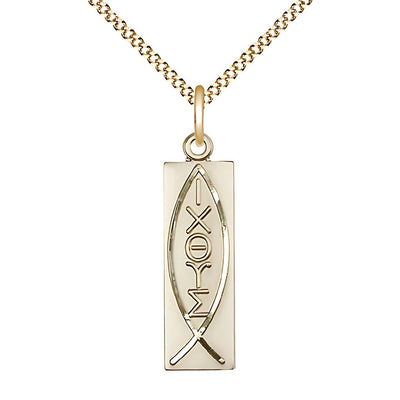 Christian Fish Symbol 14kt Gold-filled Medal Necklace with 18" Plated Chain, 1 1/8-inch tall by 1/4-inch wide, Bliss Manufacturing
