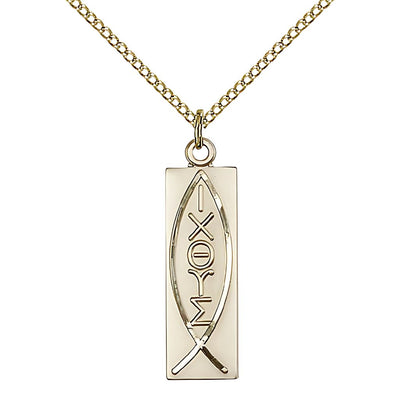 Christian Fish Symbol 14kt Gold-filled Medal Necklace with 18" Gold-filled Chain, 1 1/8-inch tall by 1/4-inch wide, Bliss Manufacturing