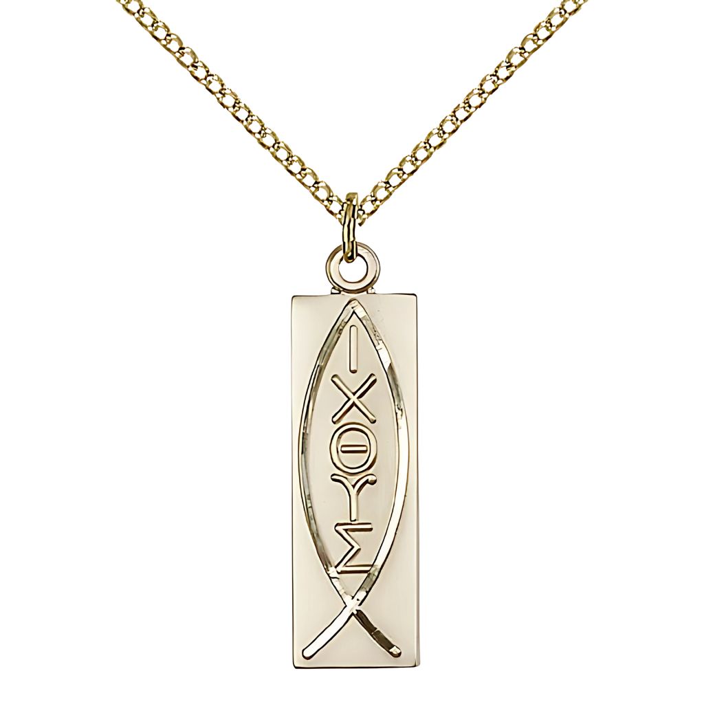 Bliss Christian Fish Symbol 14kt Gold Medal Necklace with 18" 14kt Gold Chain, 1 1/8-inch tall by 1/4-inch wide