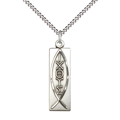 Christian Fish Symbol Sterling Silver Medal Necklace with 18" Plated Chain, 1 1/8-inch tall by 1/4-inch wide, Bliss Manufacturing