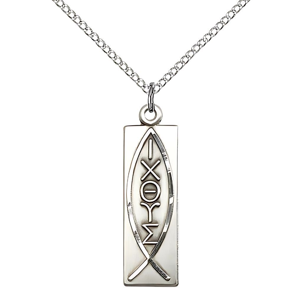 Bliss Christian Fish Symbol Sterling Silver Medal Necklace with 18" Sterling Silver Chain, 1 1/8-inch tall by 1/4-inch wide