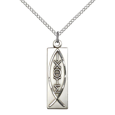 Christian Fish Symbol Sterling Silver Medal Necklace with 18" Sterling Silver Chain, 1 1/8-inch tall by 1/4-inch wide, Bliss Manufacturing