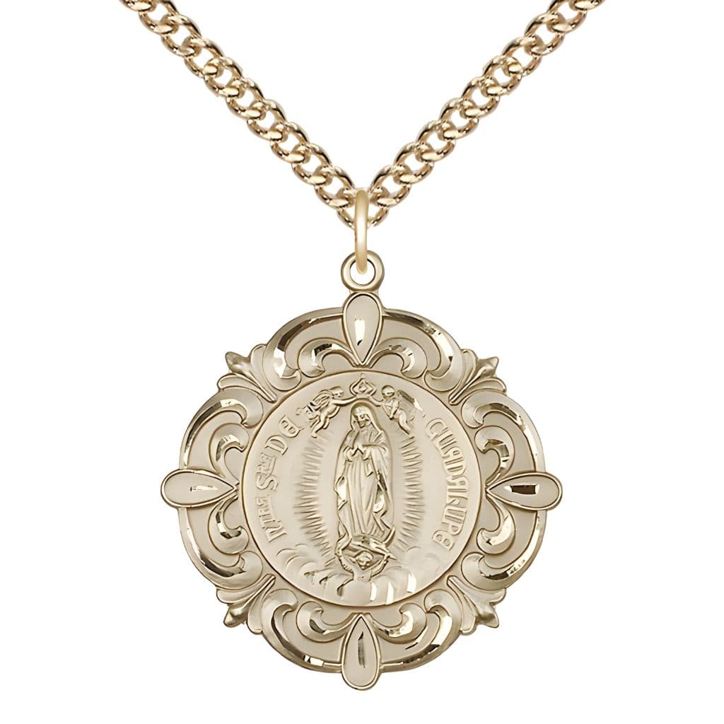 Bliss Our Lady of Guadalupe | Sacred Heart of Jesus Elegant 14kt Gold Medal with Gold-filled Curb Chain, Measures 1 1/4-inch tall by 1 1/8-inch wide