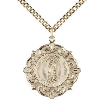 Our Lady of Guadalupe, Sacred Heart of Jesus Elegant 14kt Gold Medal with Gold-filled Curb Chain, Measures 1 1/4-inch tall by 1 1/8-inch wide, Bliss Manufacturing