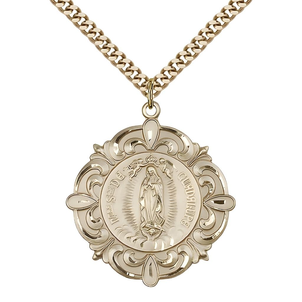 Bliss Our Lady of Guadalupe | Sacred Heart of Jesus Elegant 14kt Gold Medal with Gold-plated Curb Chain, Measures 1 1/4-inch tall by 1 1/8-inch wide