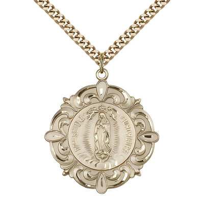Our Lady of Guadalupe, Sacred Heart of Jesus Elegant 14kt Gold Medal with Gold-plated Curb Chain, Measures 1 1/4-inch tall by 1 1/8-inch wide, Bliss Manufacturing