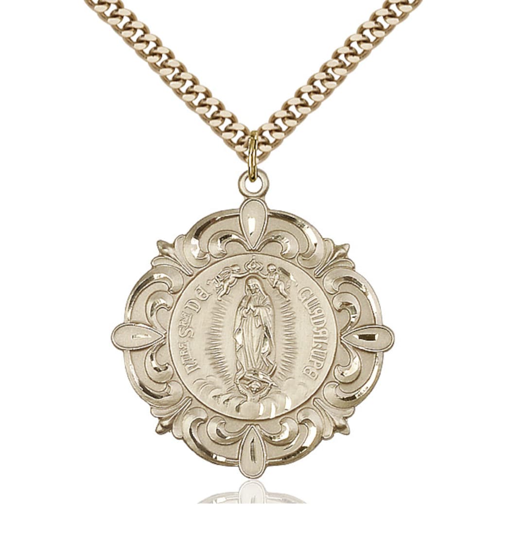 Bliss Our Lady of Guadalupe/Sacred Heart Elegant Medal Pendant in 14kt Gold with 14kt Chain,4227KT,