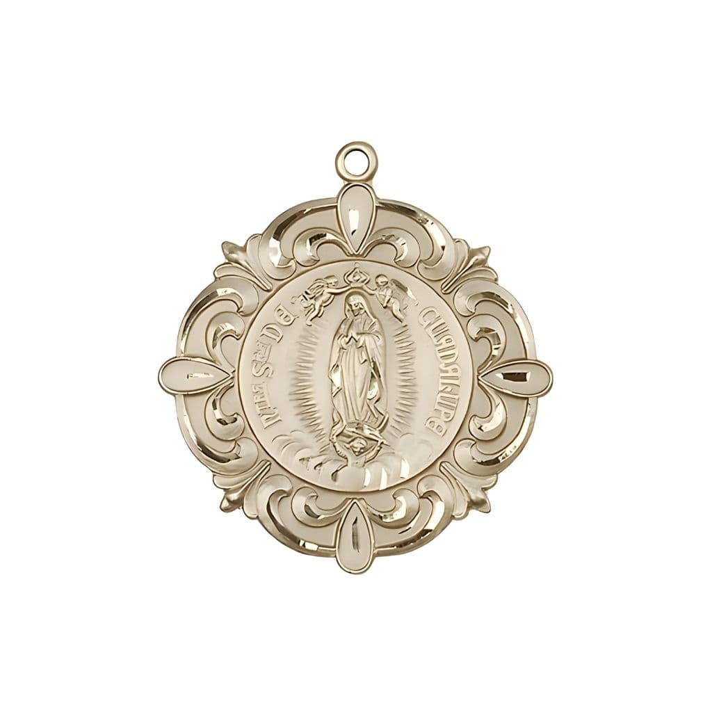 Bliss Our Lady of Guadalupe | Sacred Heart of Jesus Elegant 14kt Gold Medal, Measures 1 1/4-inch tall by 1 1/8-inch wide
