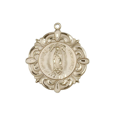 Our Lady of Guadalupe, Sacred Heart of Jesus Elegant 14kt Gold Medal, Measures 1 1/4-inch tall by 1 1/8-inch wide, Bliss Manufacturing