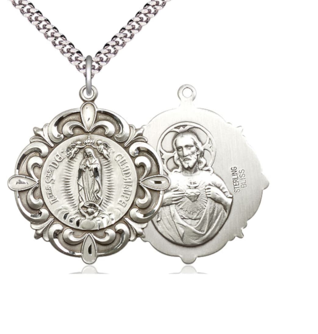 Bliss Our Lady of Guadalupe/Sacred Heart Elegant Medal Pendant in Sterling with Plated Chain,4227SS,