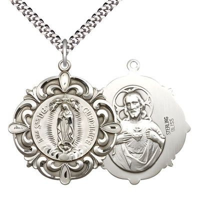 Our Lady of Guadalupe, Sacred Heart of Jesus Elegant Sterling Silver Medal with Rhodium-plated Heavy Curb Chain, Measures 1 1/4-inch tall by 1 1/8-inch wide, Bliss Manufacturing