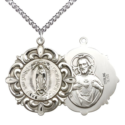 Our Lady of Guadalupe, Sacred Heart of Jesus Elegant Sterling Silver Medal with Sterling Silver Curb Chain, Measures 1 1/4-inch tall by 1 1/8-inch wide, Bliss Manufacturing