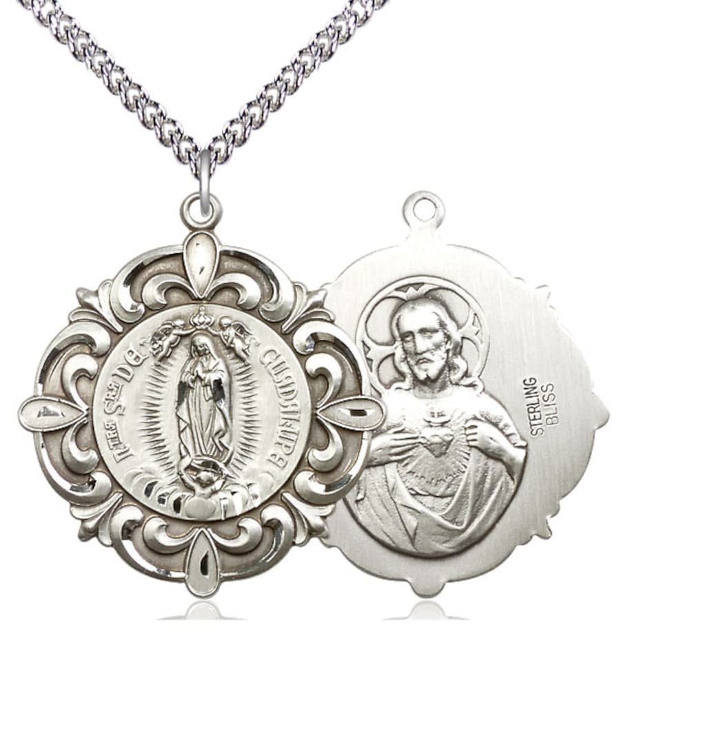 Bliss Our Lady of Guadalupe/Sacred Heart Elegant Medal Pendant in Sterling with Sterling Chain,4227SS,