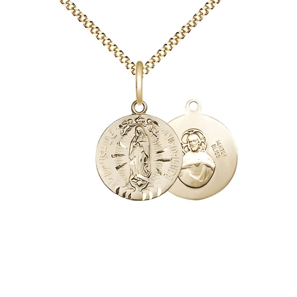 Bliss Our Lady of Guadalupe 14kt Gold-filled Small Children Round Medal with Gold-plated Chain, Measures 5/8-inch tall by 1/2-inch wide.