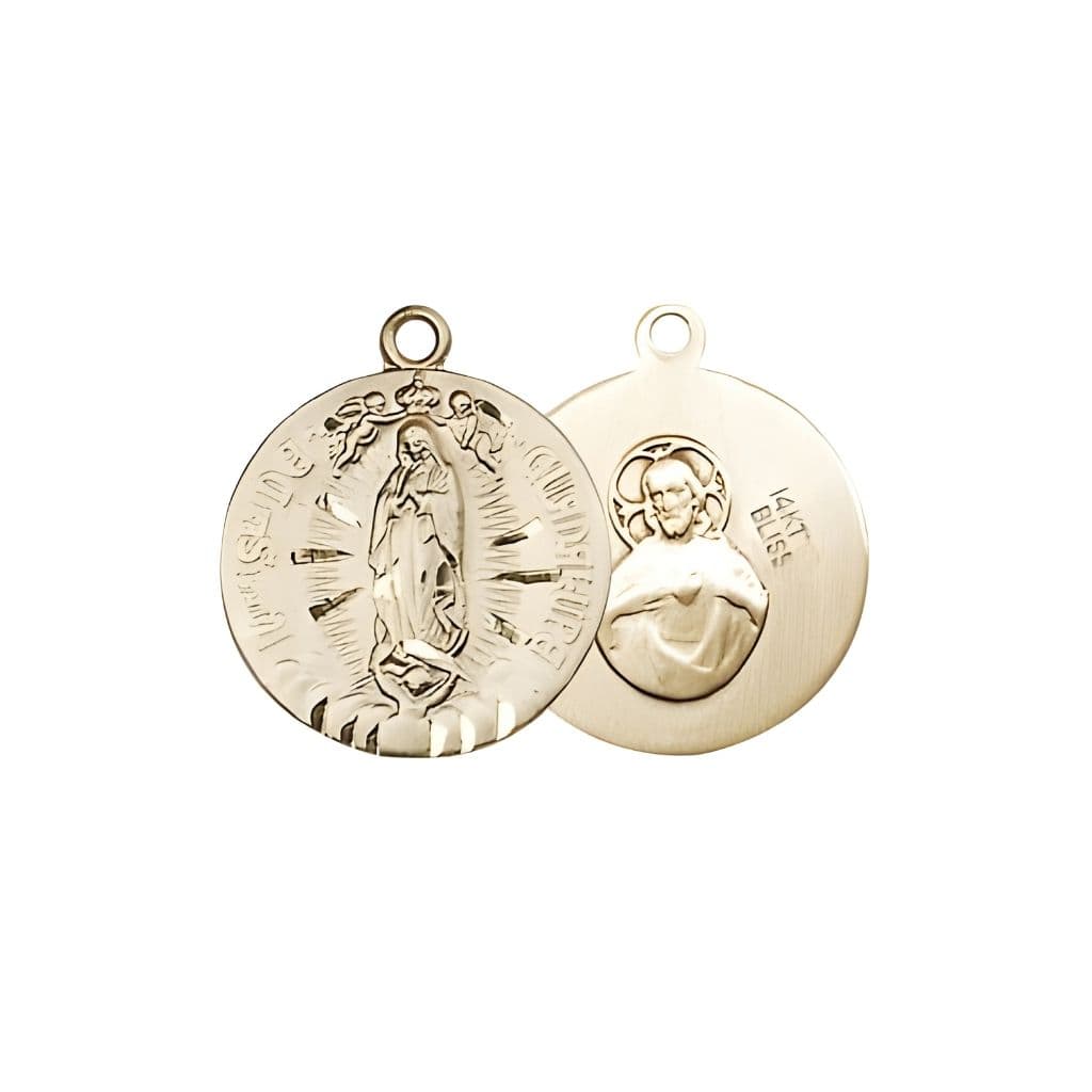 Bliss Our Lady of Guadalupe 14kt Gold Small Children Round Medal, Measures 5/8-inch tall by 1/2-inch wide.