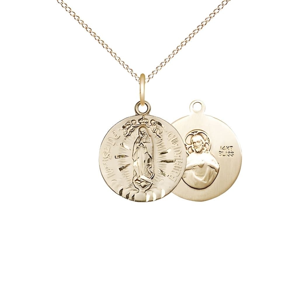Bliss Our Lady of Guadalupe 14kt Gold Small Children Round Medal with 14kt Gold Chain, Measures 5/8-inch tall by 1/2-inch wide.