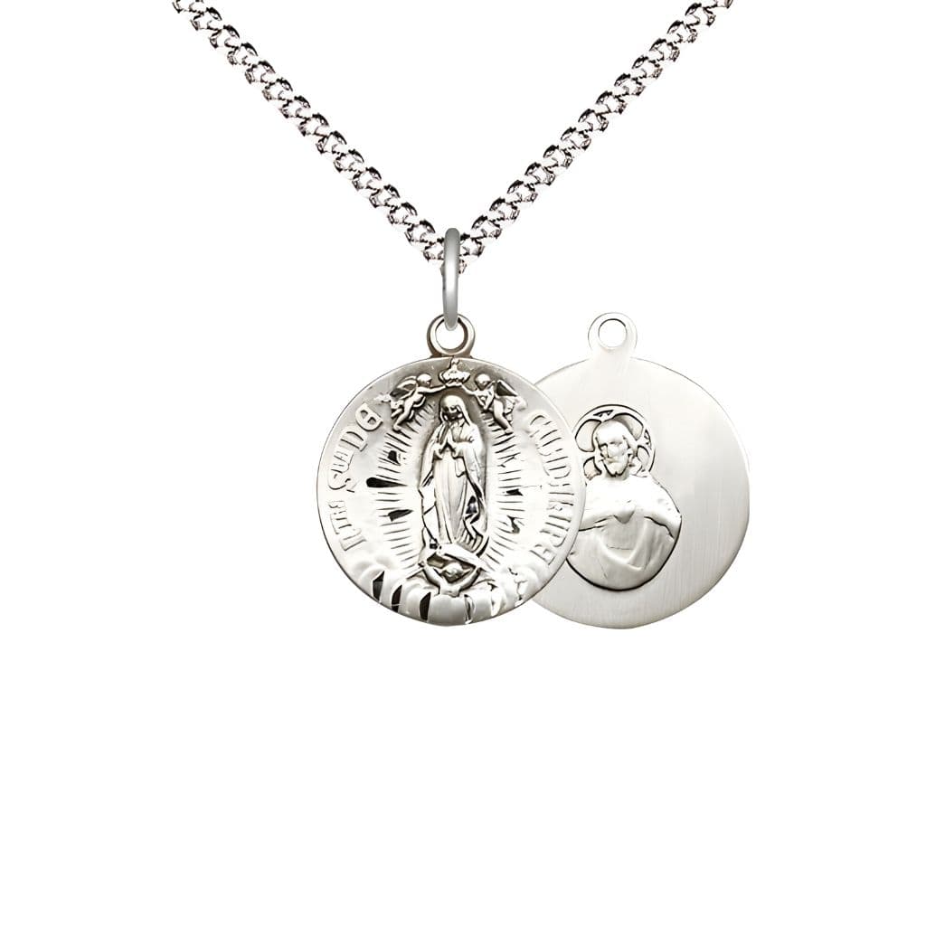 Bliss Our Lady of Guadalupe Small Children Round Pewter Medal with Rhodium-plated Chain, Measures 5/8-inch tall by 1/2-inch wide.