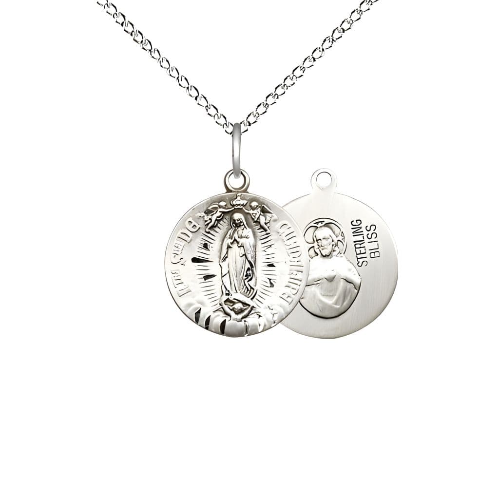Bliss Our Lady of Guadalupe Small Children Round Sterling Silver Medal with Sterling Chain, Measures 5/8-inch tall by 1/2-inch wide.