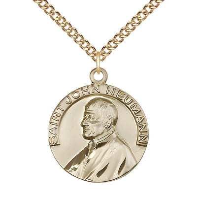 St. John Neumann 14kt Gold Round Medal Pendant with 14kt Gold Chain, Measures 1-inch tall by 7/8-inch wide, Bliss Manufacturing
