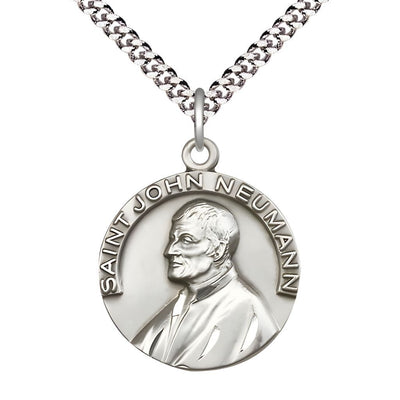 St. John Neumann Pewter Round Medal Pendant with Rhodium-plated Chain, Measures 1-inch tall by 7/8-inch wide, Bliss Manufacturing