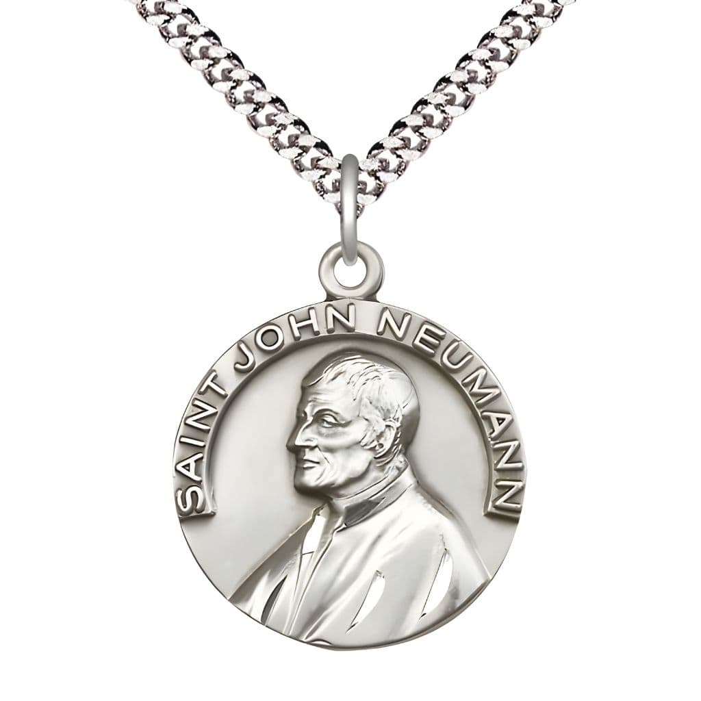 Bliss St. John Neumann Sterling Silver Round Medal Pendant with Rhodium-plated Chain, Measures 1-inch tall by 7/8-inch wide.