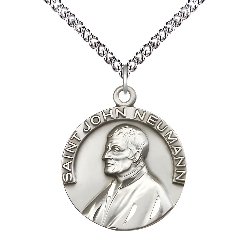 Bliss St. John Neumann Sterling Silver Round Medal Pendant with Sterling Chain, Measures 1-inch tall by 7/8-inch wide.