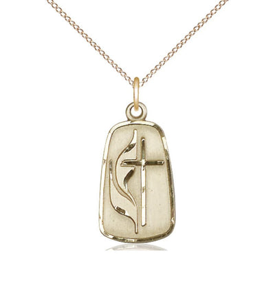 14kt Gold Methodist Pendant on a 18 inch 14kt Gold Light Curb Chain, Bliss Manufacturing