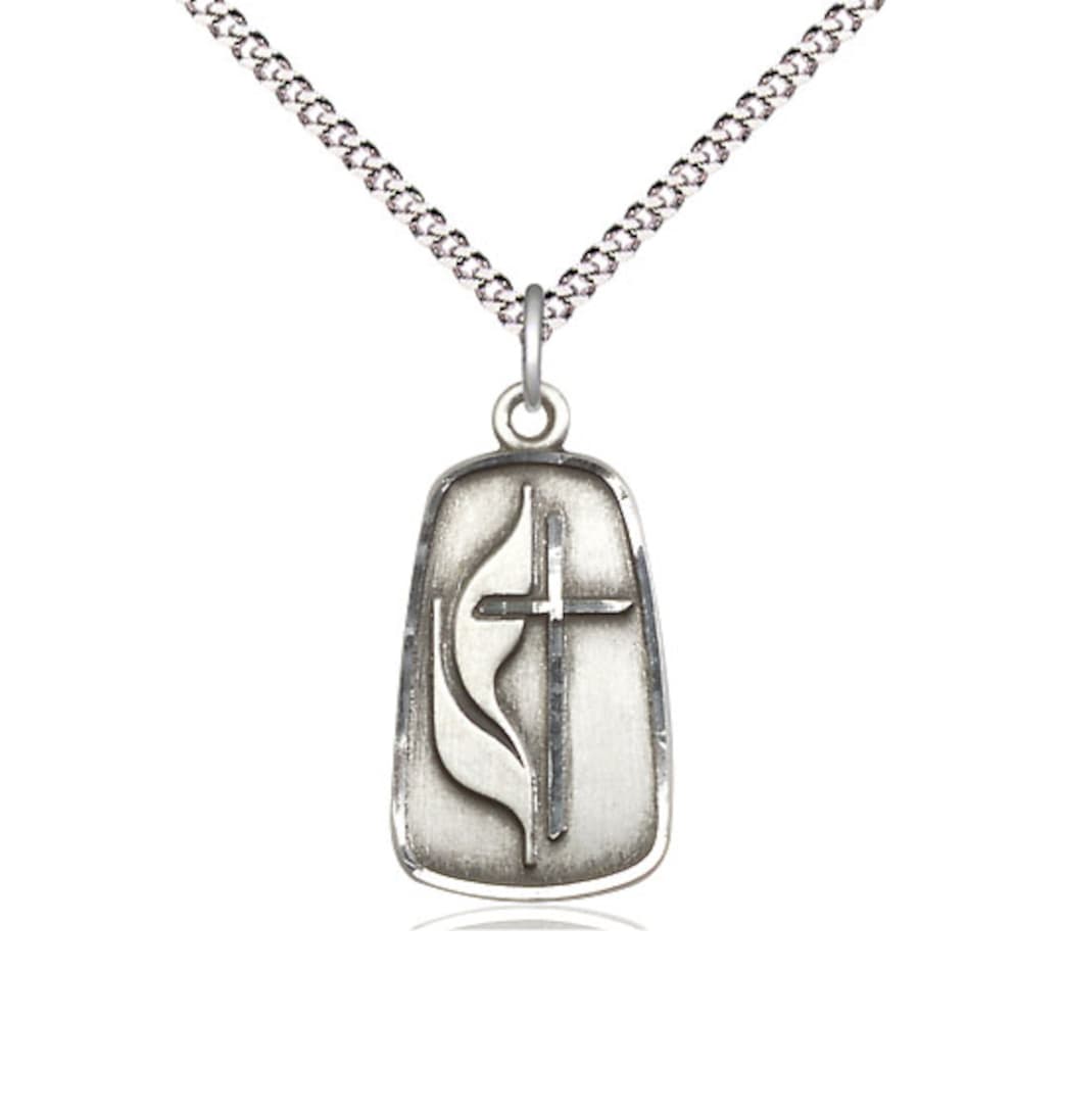 Bliss Pewter Methodist Pendant on a 18 inch Light Rhodium Light Curb Chain,