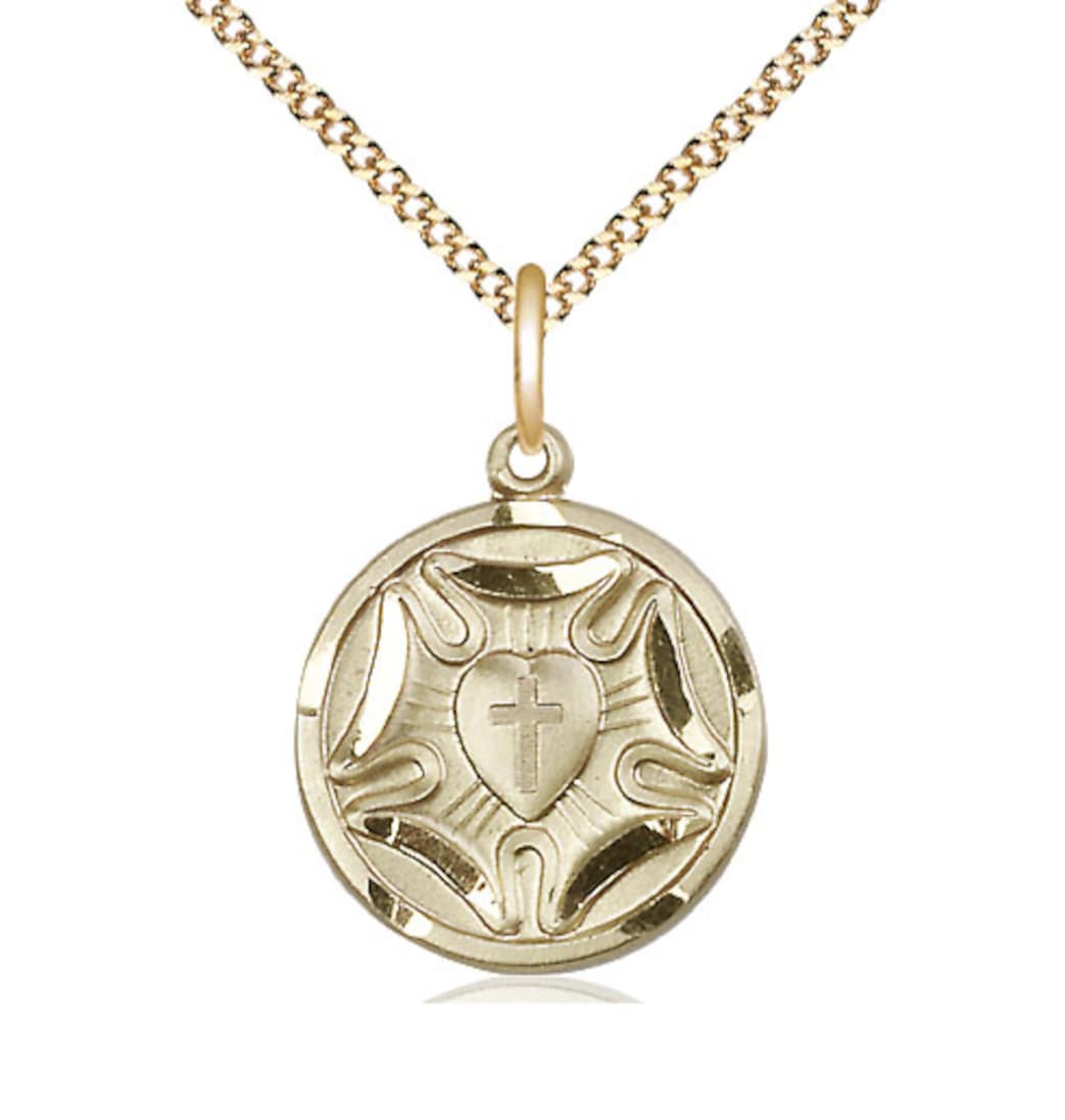 Bliss Gold Filled Lutheran Pendant on a 18 inch Gold Plate Light Curb Chain,