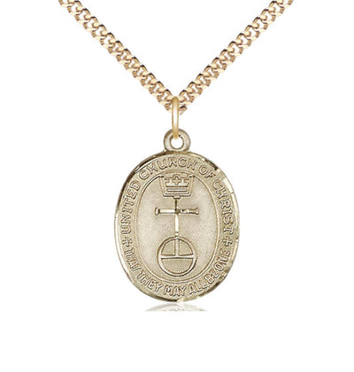 Gold Filled United Church of Christ Pendant on a Gold Plate Light Curb Chain, Bliss Manufacturing