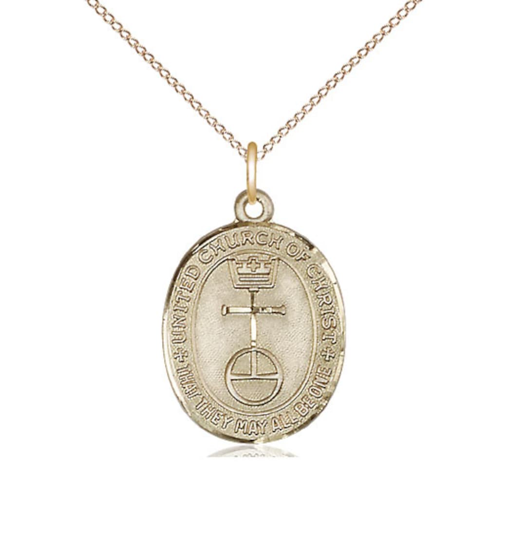 Bliss 14kt Gold United Church of Christ Pendant on a 18 inch 14kt Gold Light Curb Chain,