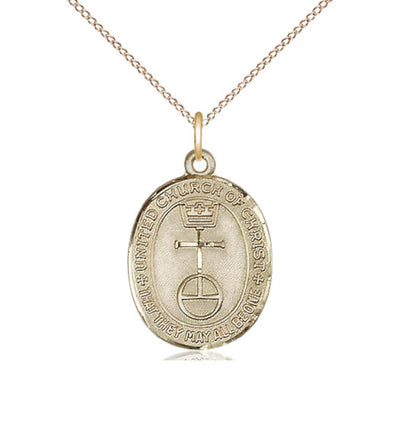 14kt Gold United Church of Christ Pendant on a 18 inch 14kt Gold Light Curb Chain, Bliss Manufacturing