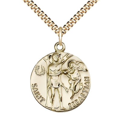 St. Sebastian 14kt Gold-filled Round Medal Pendant with Gold-plated Chain, Measures 1-inch tall by 7/8-inch wide, Bliss Manufacturing