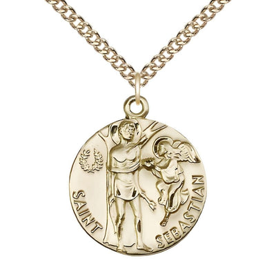 St. Sebastian 14kt Gold-filled Round Medal Pendant with Gold-filled Chain, Measures 1-inch tall by 7/8-inch wide, Bliss Manufacturing