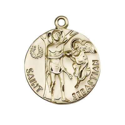 St. Sebastian with an Angel 14kt Gold Round Medal Pendant, Measures 1-inch tall by 7/8-inch wide, Bliss Manufacturing