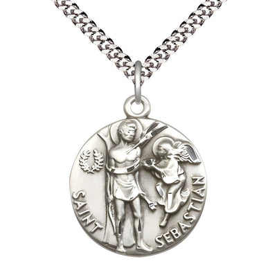 St. Sebastian with an Angel Sterling Silver Round Medal Pendant with Rhodium-plated Chain, Measures 1-inch tall by 7/8-inch wide, Bliss Manufacturing