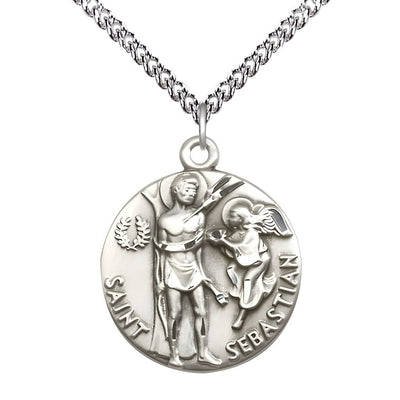 St. Sebastian with an Angel Sterling Silver Round Medal Pendant with Sterling Silver Chain, Measures 1-inch tall by 7/8-inch wide, Bliss Manufacturing