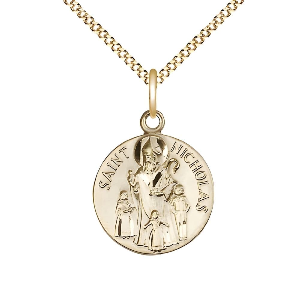 Bliss St. Nicholas Gold-filled Round Medal with Gold-plated Chain, Measures 3/4-inch tall by 5/8-inch wide