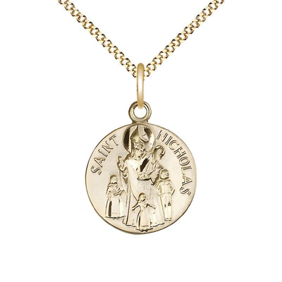 St. Nicholas Gold-filled Round Medal with Gold-plated Chain, Measures 3/4-inch tall by 5/8-inch wide, Bliss Manufacturing