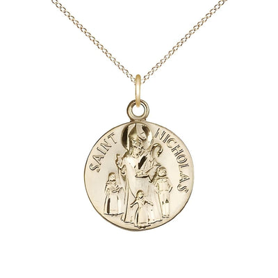 St. Nicholas Gold-filled Round Medal with Gold-filled Chain, Measures 3/4-inch tall by 5/8-inch wide, Bliss Manufacturing