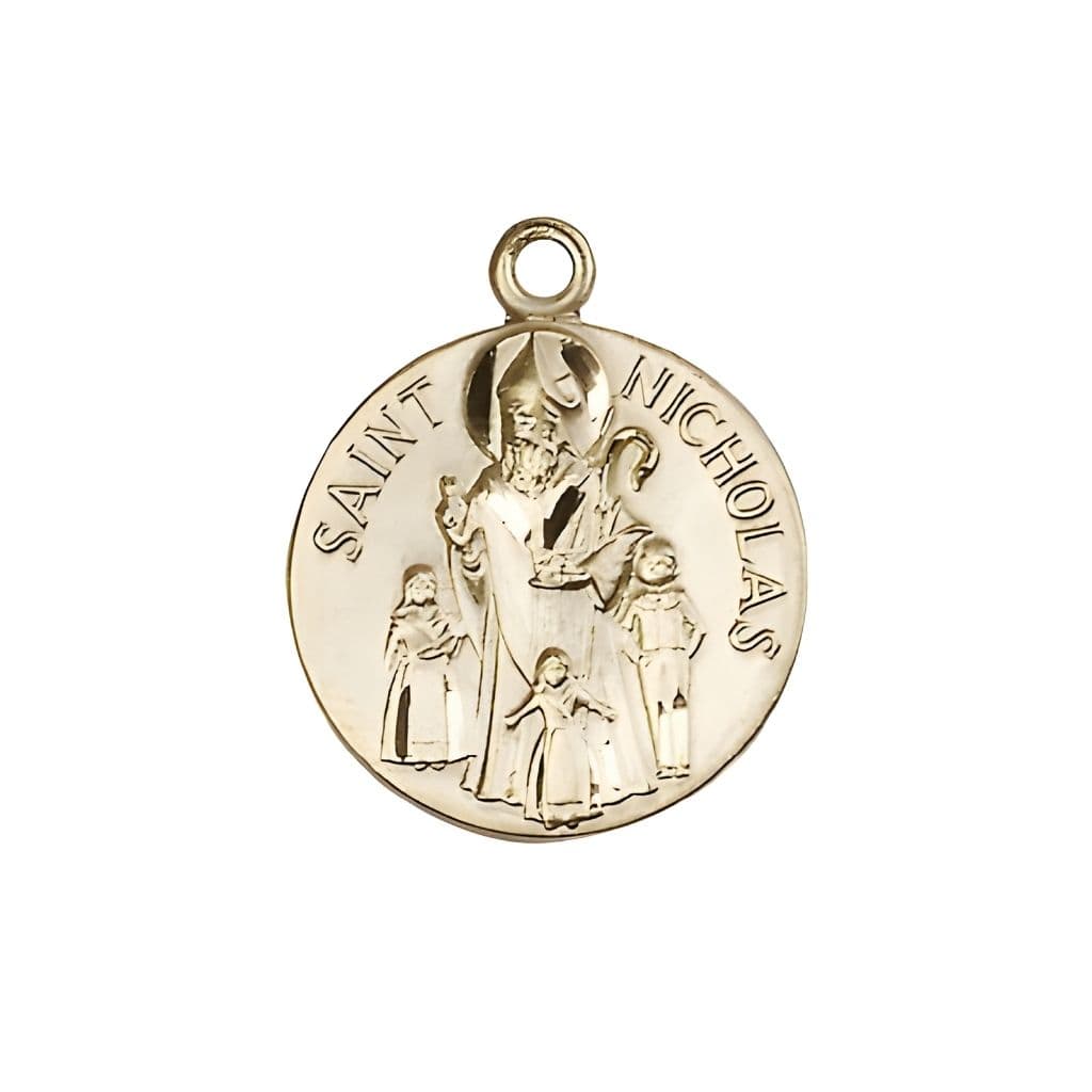 Bliss St. Nicholas 14kt Gold Round Medal, Measures 3/4-inch tall by 5/8-inch wide