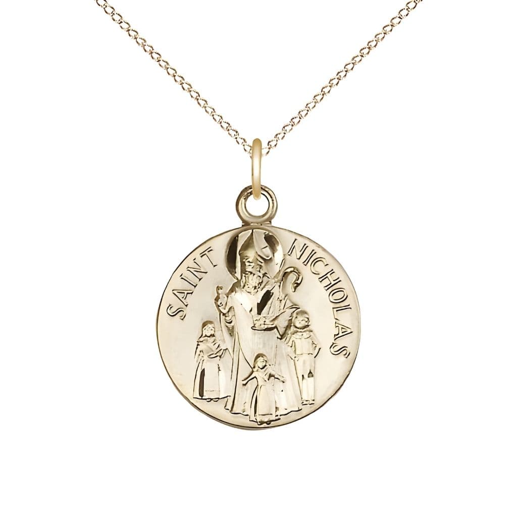 Bliss St. Nicholas 14kt Gold Round Medal with 14kt Gold Chain, Measures 3/4-inch tall by 5/8-inch wide