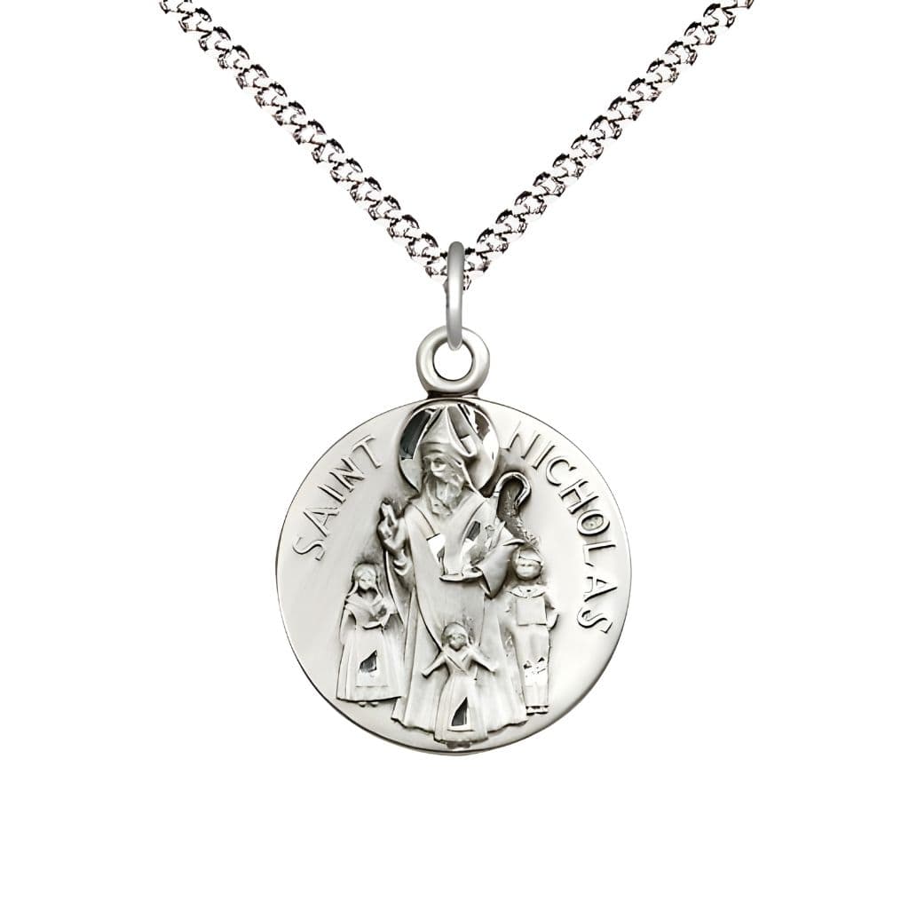 Bliss St. Nicholas Sterling Silver Round Medal with Plated Chain, Measures 3/4-inch tall by 5/8-inch wide.