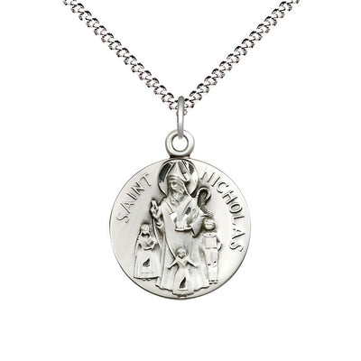 St. Nicholas Sterling Silver Round Medal with Plated Chain, Measures 3/4-inch tall by 5/8-inch wide, Bliss Manufacturing