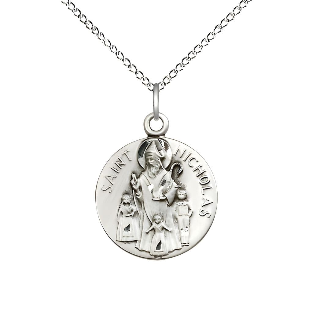 Bliss St. Nicholas Sterling Silver Round Medal with Sterling Silver Chain, Measures 3/4-inch tall by 5/8-inch wide.