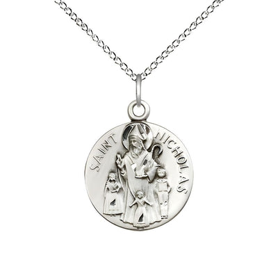St. Nicholas Sterling Silver Round Medal with Sterling Silver Chain, Measures 3/4-inch tall by 5/8-inch wide, Bliss Manufacturing