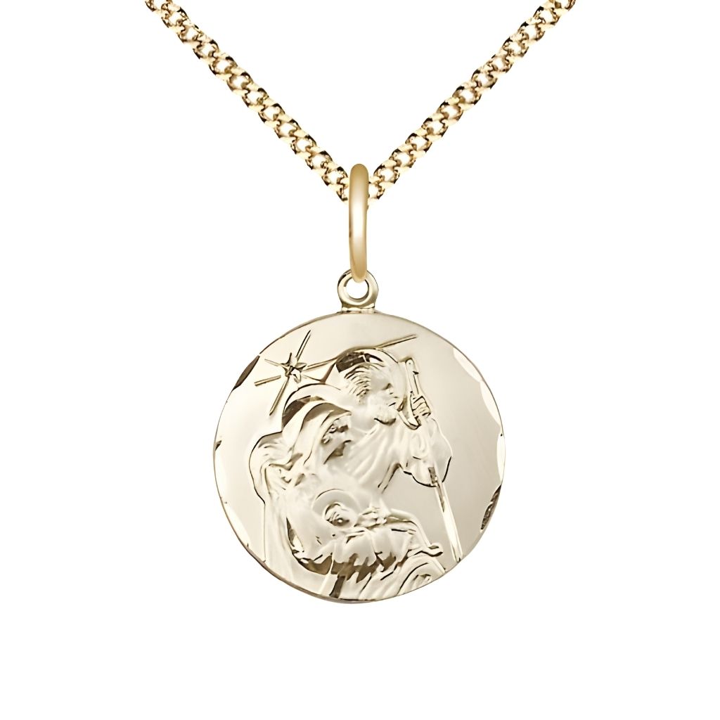 Bliss Holy Family Nativity 14kt Gold-filled Round Medal with Gold-plated Chain, Measures 3/4-inch tall by 5/8 - inch wide.