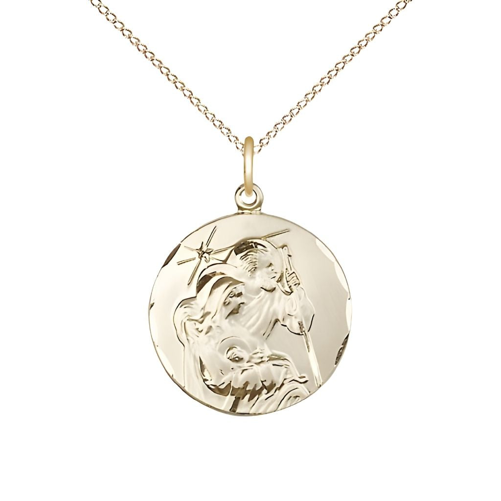 Bliss Holy Family Nativity 14kt Gold-filled Round Medal with Gold-filled Chain, Measures 3/4-inch tall by 5/8 - inch wide.