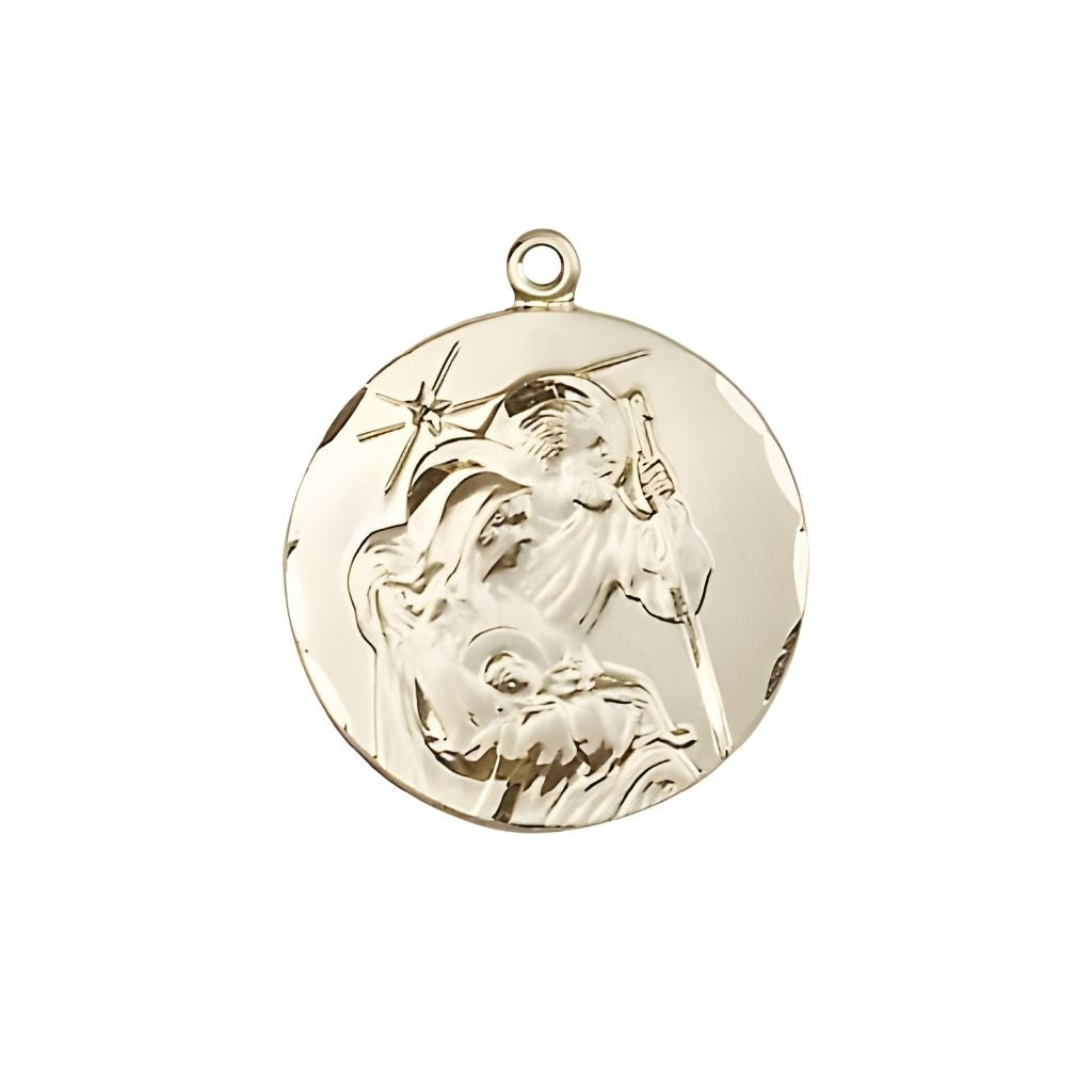 Bliss Holy Family Nativity 14kt Gold Round Medal, Measures 3/4-inch tall by 5/8 - inch wide.