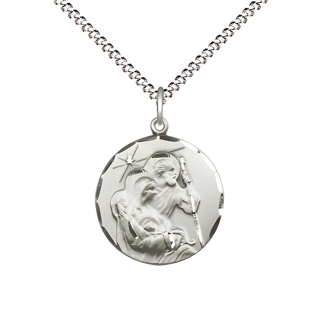 Bliss Holy Family Nativity Round Pewter Medal with Plated Chain, Measures 3/4-inch tall by 5/8 - inch wide.